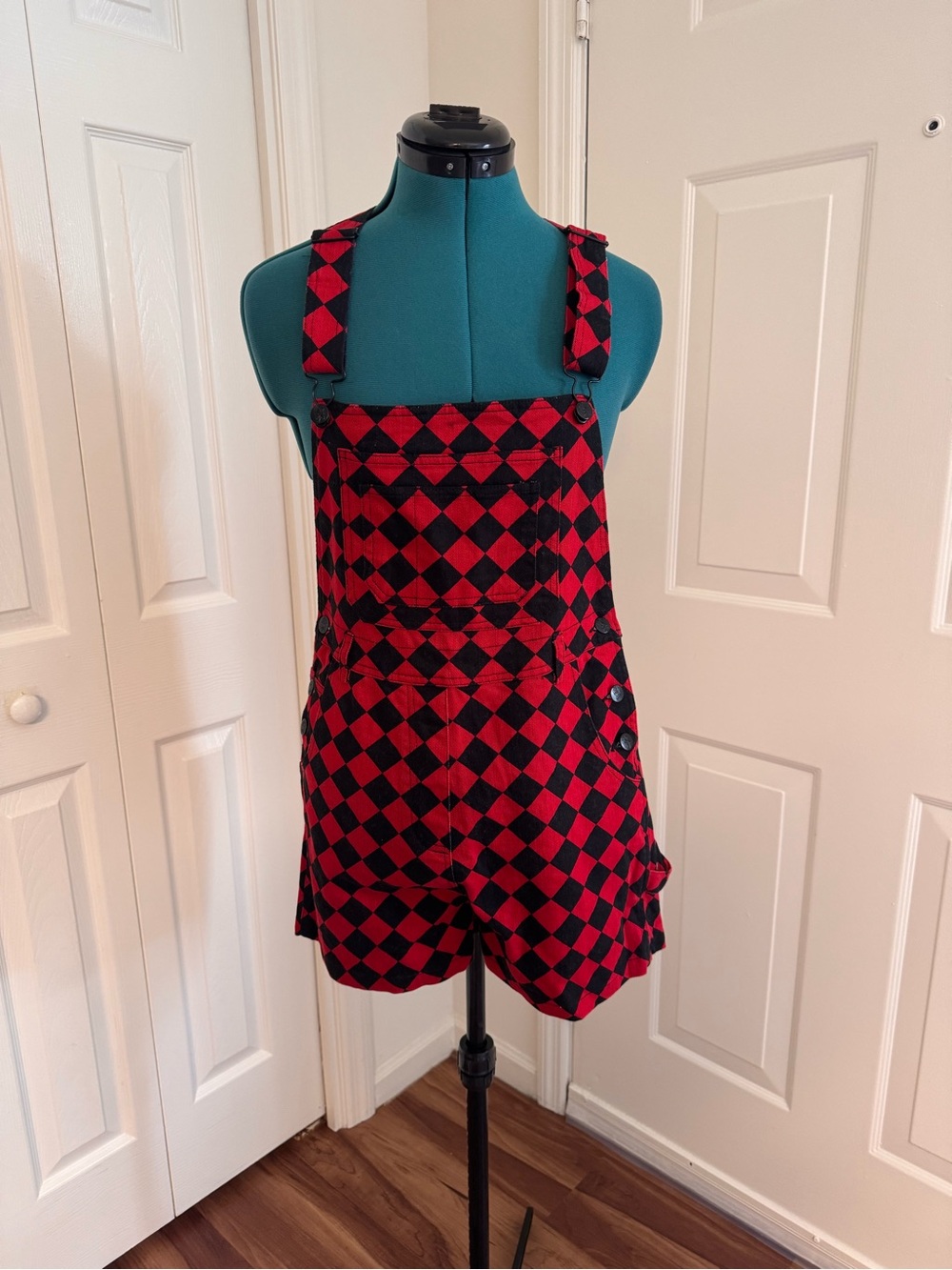 Black Friday Red and Black Diamond-Check Short Overalls